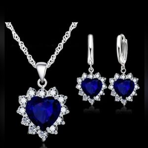 Blue Cubic Zirconia heart shaped pendant necklace with matching earrings